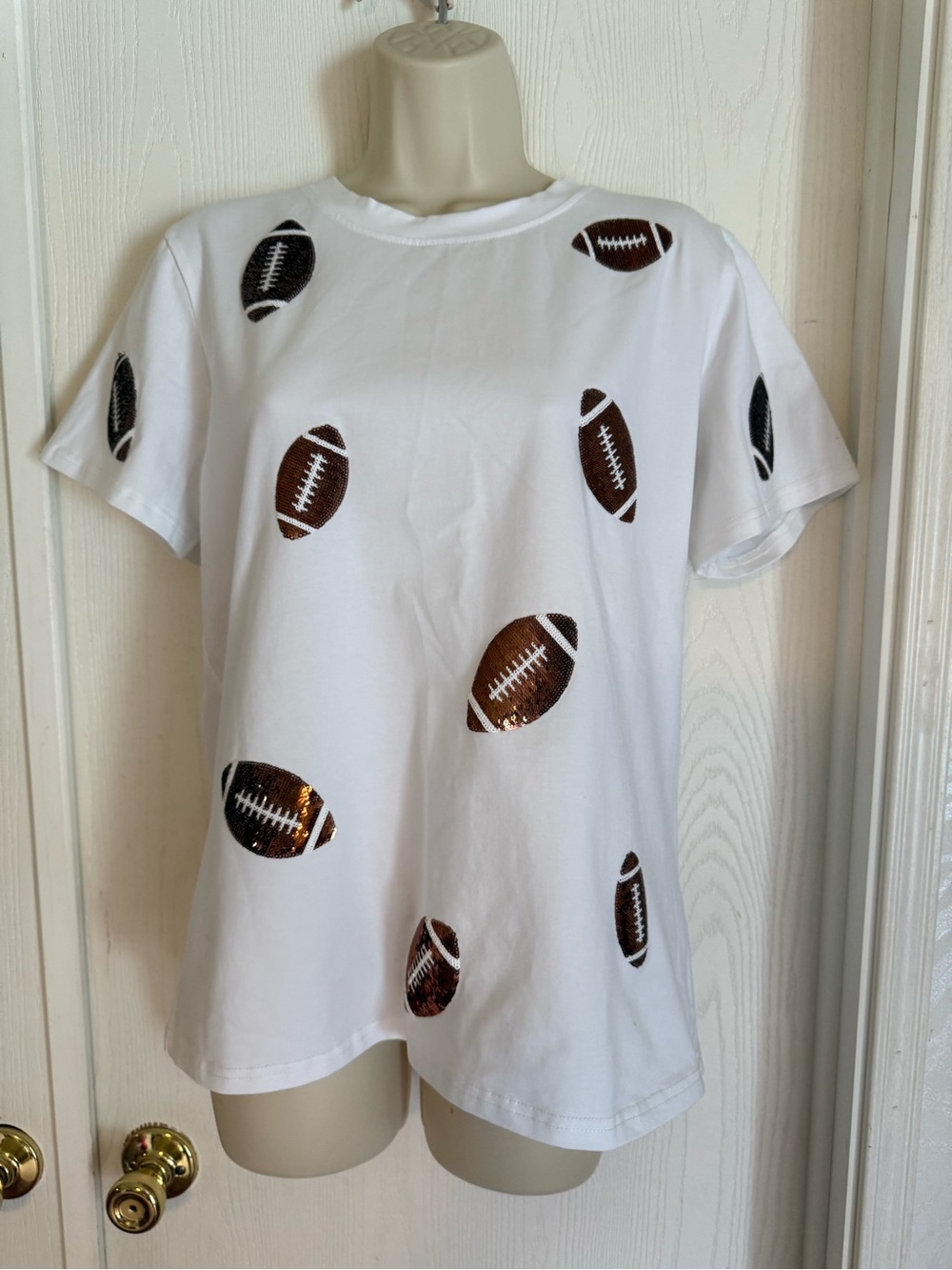 White Short Sleeve Tee with Brown Football sequins - Picture 2 of 7